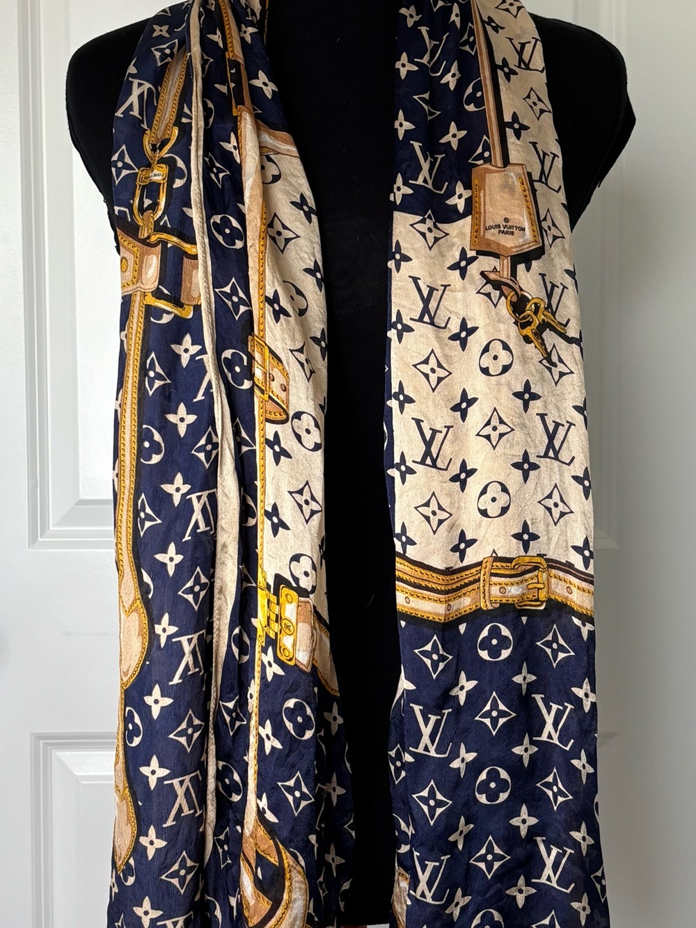 Louis Vuitton Navy, Cream & Gold Monogram Silk-Blend Scarf